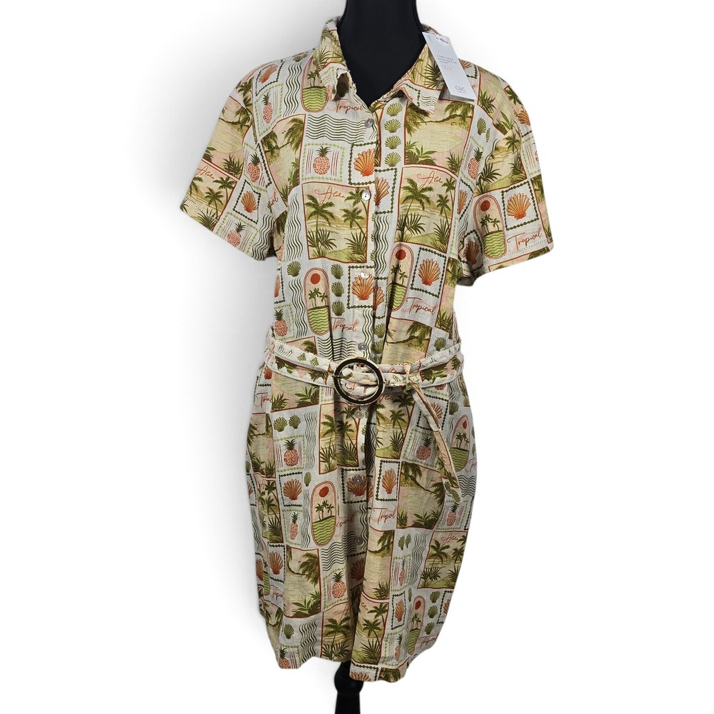 C&C California Dress Womens XL Linen Shirt Tropical Postcard Print Multi NEW